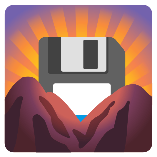 Illustration: a big floppy disk emerging from behind mountains with sun rays behind it