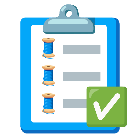 Illustration: a clipboard showing a list of three items each with a roll of string, and a big green checkmark