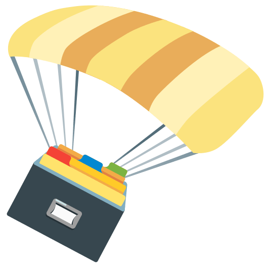 Illustration: a parachuting filing cabinet drawer full of files