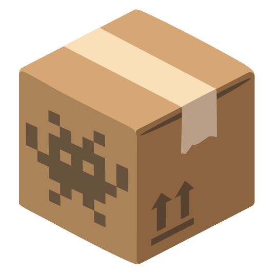 Illustration: a sealed cardboard box with a low res space invader character printed on it